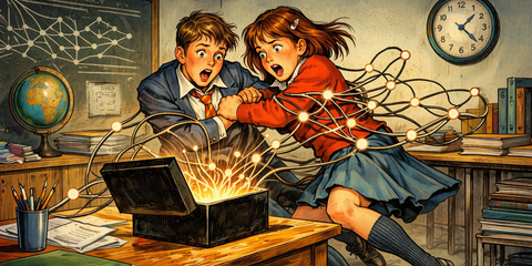 An AI-generated image in the style of vintage adventure book covers of two children being sucked into a black box by what looks like a neural net