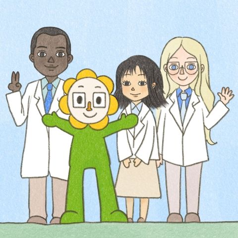 A drawing of a humanoid sunflower, Ubee, standing between three clinicians in lab coats