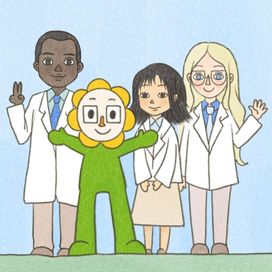 A drawing of a humanoid sunflower, Ubee, standing between three clinicians in lab coats